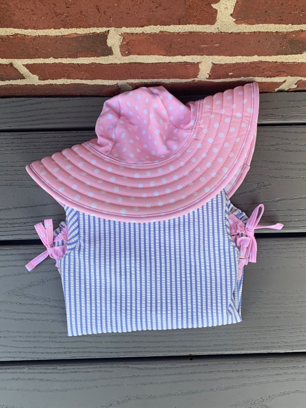 Ruffle Butts Seersucker One-Piece Rashguard Swimsuit & Hat Set